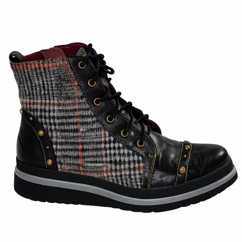 Spring Step L’Artiste Rehja Black Brown Plaid Combat Boot Size 36 (US 5.5 -6)